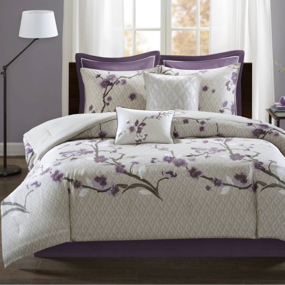 Madison Park Purple and Cream Floral Comforter Set Queen 8 piece set - Picture 7 of 10